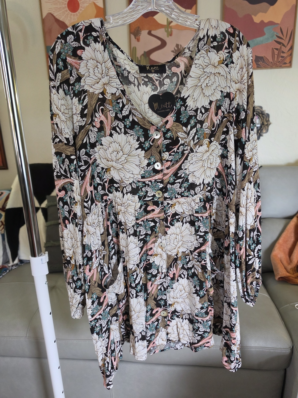 NWT Meritt Floral Boho Babydoll Blouse | Button Front | Flowy Peplum Top